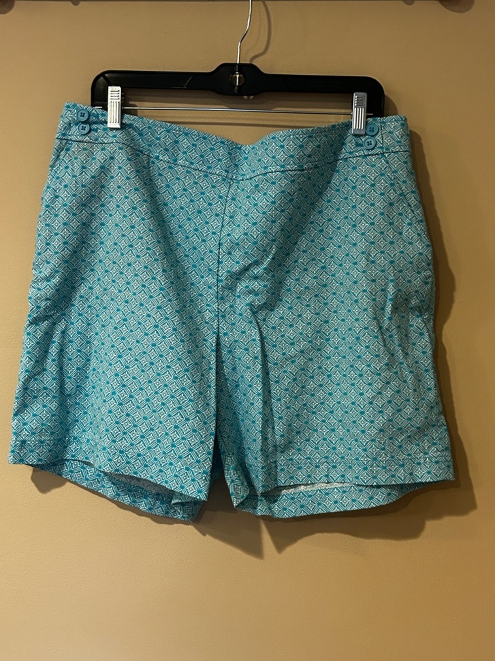 Talbots Turquoise White Floral Geometric Shorts 16 Side Zip